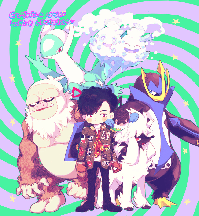 1boy :3 bigbang bird black_hair chatot empoleon furfrou gloves gorilla jacket latios male_focus patch penguin poke_ball pokemon simple_background slaking striped_background t.o.p_(bigbang) vanilluxe