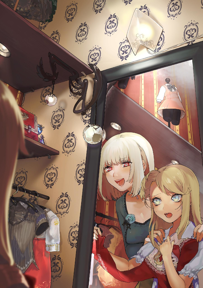 2girls :d aqua_eyes bad_id bad_twitter_id bag blonde_hair blue_eyes bob_cut bottle breasts choker cleavage clothes clothes_hanger clothes_in_front dress dressing_room handbag hands_on_another's_shoulders height_difference herme_(ohisashiburi) highres holding holding_clothes holding_dress indoors jewelry lace_trim long_sleeves looking_at_mirror mannequin medium_breasts mirror multiple_girls nacchan_(ohisashiburi) ohisashiburi open_mouth original pendant perfume_bottle red_eyes reflection shelf short_hair short_sleeves slit_pupils smile surprised teeth unworn_dress wallpaper_(object) white_hair