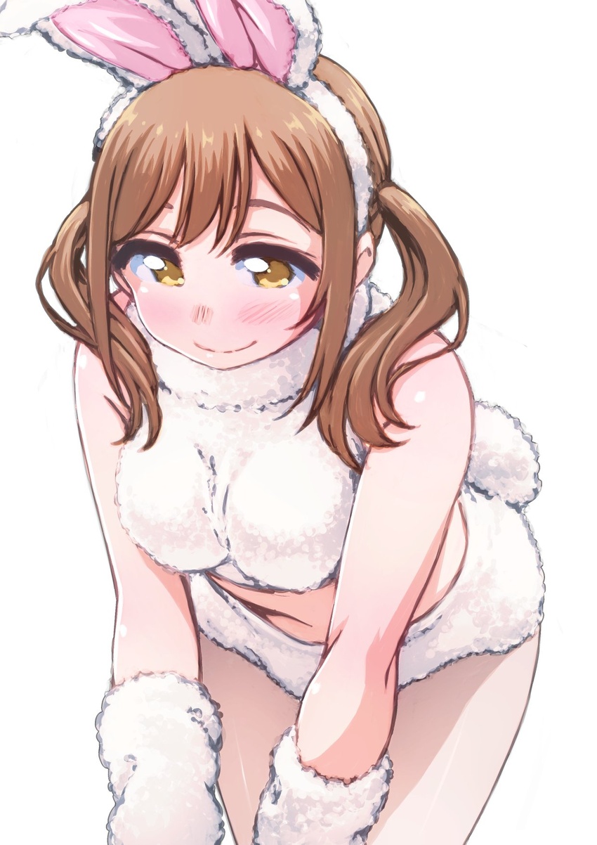 alternate_hairstyle animal_costume animal_ears arm_warmers ayumu-k breasts brown_hair commentary_request crop_top fake_animal_ears female fur highres kinchan_and_katori_shingo_no_zen_nihon_kasou_taishou kunikida_hanamaru leaning_forward love_live! love_live!_sunshine!! medium_breasts pantyhose rabbit_costume rabbit_ears rabbit_tail see-through see-through_legwear simple_background sleeveless smile solo tail twintails white_background yellow_eyes