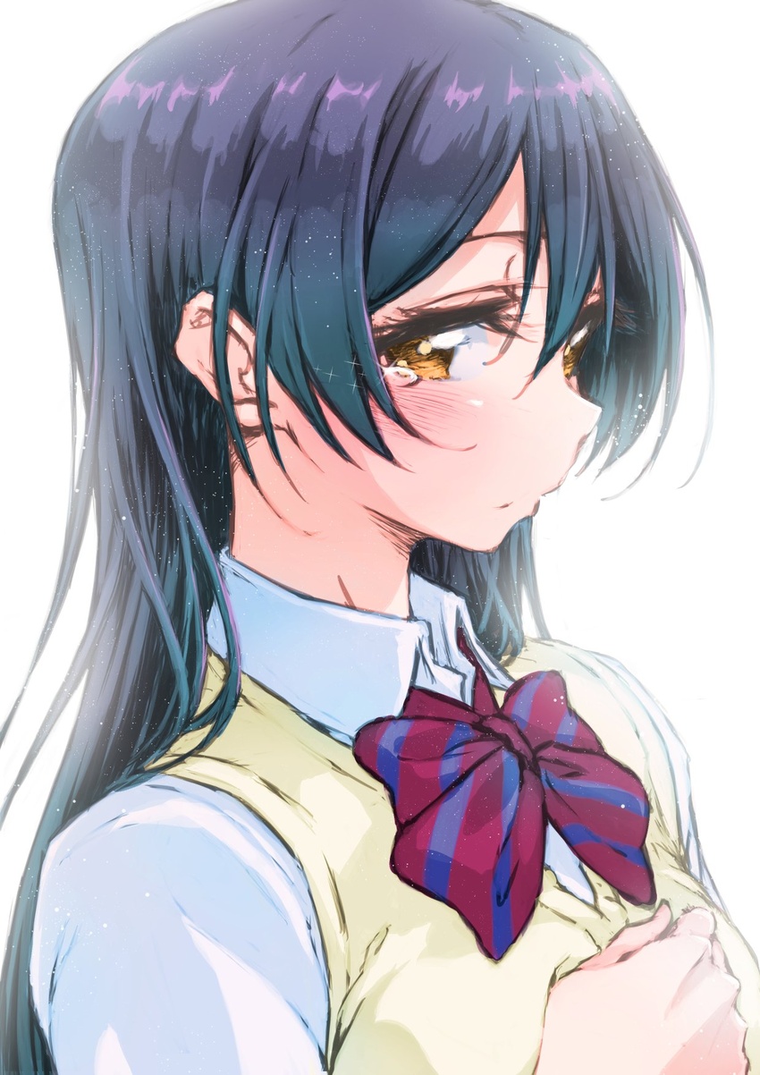 ayumu-k blue_hair blush bow bowtie collared_shirt commentary_request female hand_on_own_chest highres long_hair looking_at_viewer love_live! love_live!_school_idol_project otonokizaka_school_uniform pointy_ears red_bow red_bowtie school_uniform shirt solo sonoda_umi sparkle striped_bow striped_bowtie striped_clothes summer_uniform sweater_vest tears upper_body white_shirt yellow_eyes