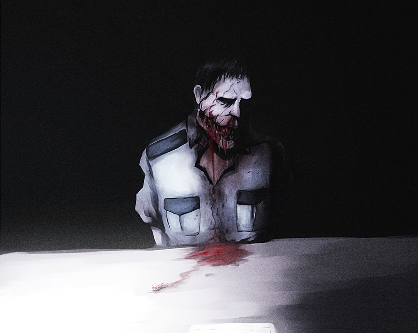 1boy absurdres black_background blood commentary_request death guro highres imawabi_no_dakini onibi_(foxhound4185) pocket simple_background table undead uniform upper_body zombie