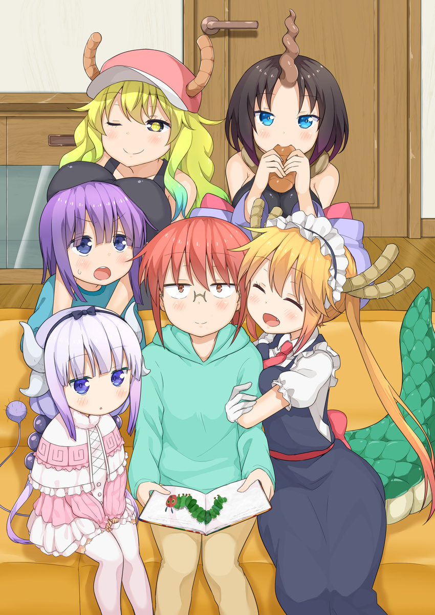 1boy 5girls :d :o ;) ^_^ absurdres aqua_hair arm_hug blonde_hair blue_eyes blush book bread breast_rest breasts breasts_on_head brown_eyes brown_hair closed_eyes commentary_request couch dragon_girl dragon_horns dragon_tail eating elma_(maidragon) food glasses gloves gradient_hair hair_bobbles hair_ornament hairband hat highres horns horns_through_headwear hug hug_from_behind kanna_kamui kobayashi-san_chi_no_maidragon kobayashi_(maidragon) large_breasts large_tail light_purple_hair looking_at_viewer low_twintails lucoa_(maidragon) magatsuchi_shouta maid maid_headdress miyabi_(miyabeeya) multicolored_hair multiple_girls oerba_yun_fang one_eye_closed open_mouth orange_hair purple_eyes purple_hair red_hair scales sitting smile sweatdrop tail the_very_hungry_caterpillar the_very_hungry_caterpillar_(character) thighhighs tohru_(maidragon) twintails white_thighhighs yellow_eyes