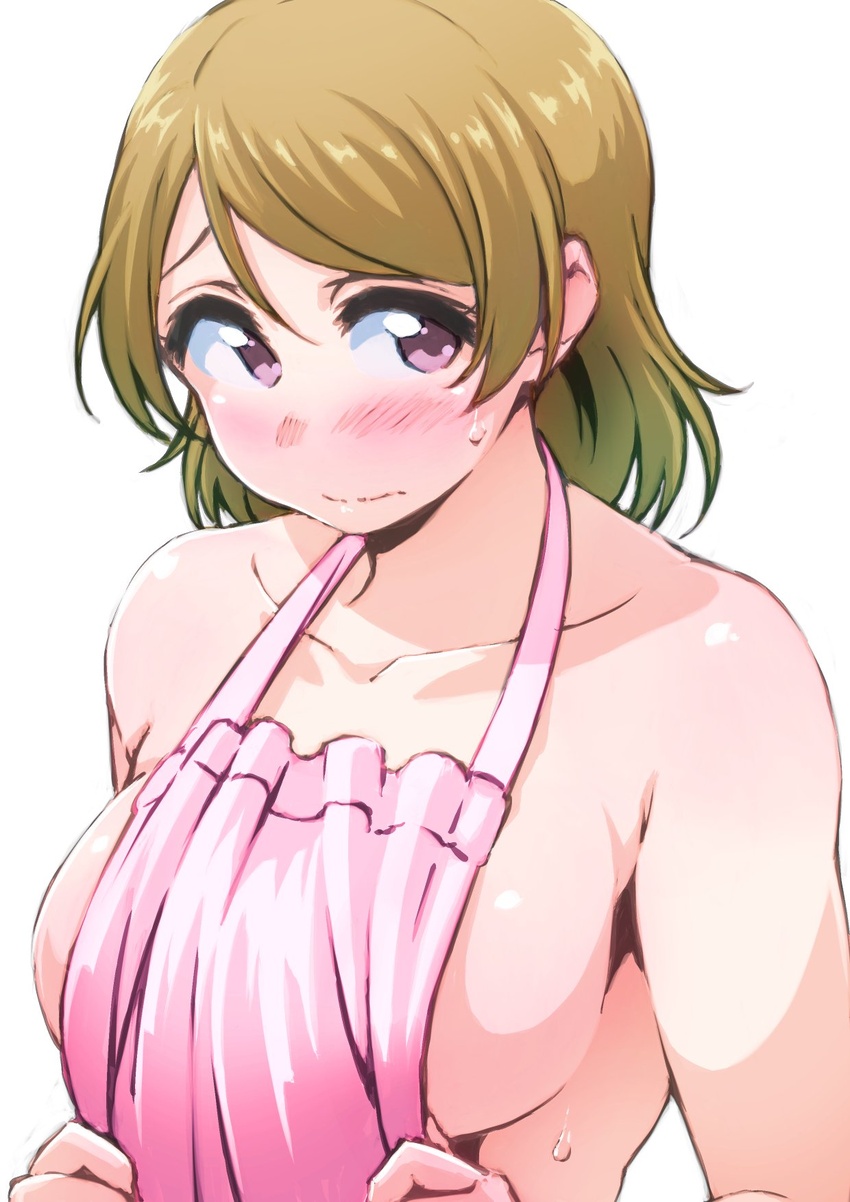 apron apron_tug ayumu-k blush breasts brown_hair collarbone commentary_request embarrassed female halterneck highres koizumi_hanayo large_breasts love_live! love_live!_school_idol_project naked_apron nervous pink_apron purple_eyes short_hair sideboob sideways_glance simple_background solo sweat upper_body white_background