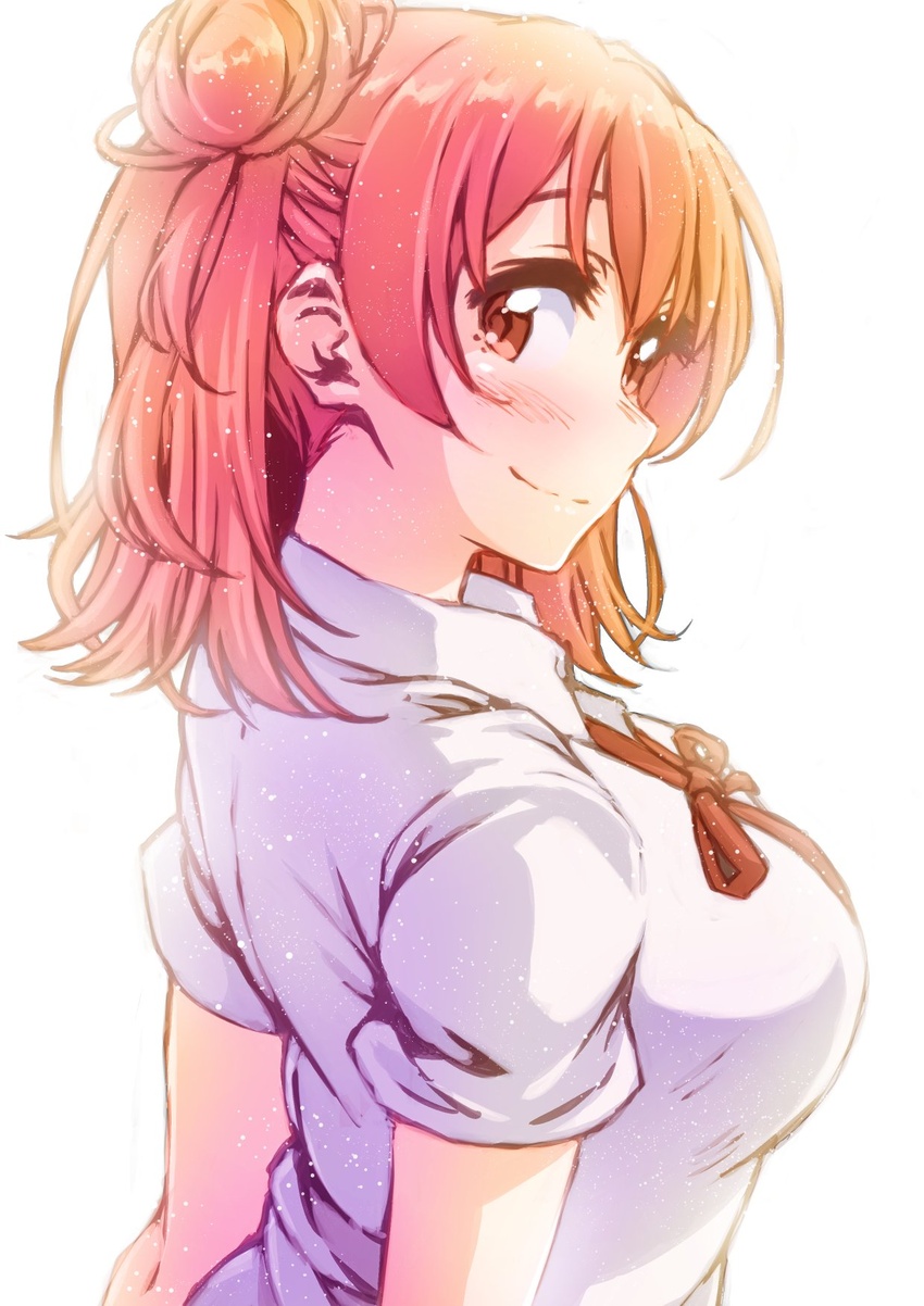 ayumu-k blush brown_eyes collared_shirt commentary_request female hair_bun highres looking_at_viewer looking_back medium_hair neck_ribbon orange_hair pink_hair red_ribbon ribbon shirt short_sleeves single_side_bun smile solo upper_body white_background white_shirt yahari_ore_no_seishun_lovecome_wa_machigatteiru. yuigahama_yui