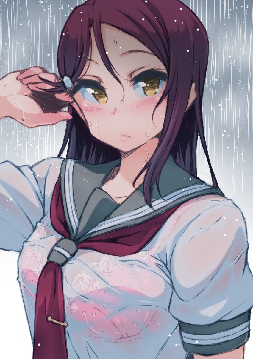 ayumu-k blush bra bra_visible_through_clothes commentary_request dark_red_hair female hair_ornament hairclip hand_to_head highres long_hair love_live! love_live!_sunshine!! neckerchief pink_bra rain red_hair red_neckerchief sakurauchi_riko school_uniform see-through serafuku shirt short_sleeves solo tie_clip underwear upper_body uranohoshi_school_uniform wet wet_clothes wet_shirt yellow_eyes