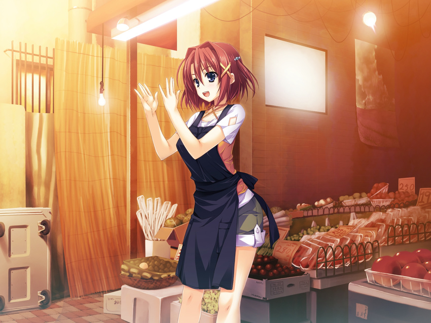 apron blue_eyes box female food hair_ornament hairclip hairpin happy red_hair sharin_no_kuni_himawari_no_shoujo short_hair side_tail solo suzuki_haruka yuuki_hagure