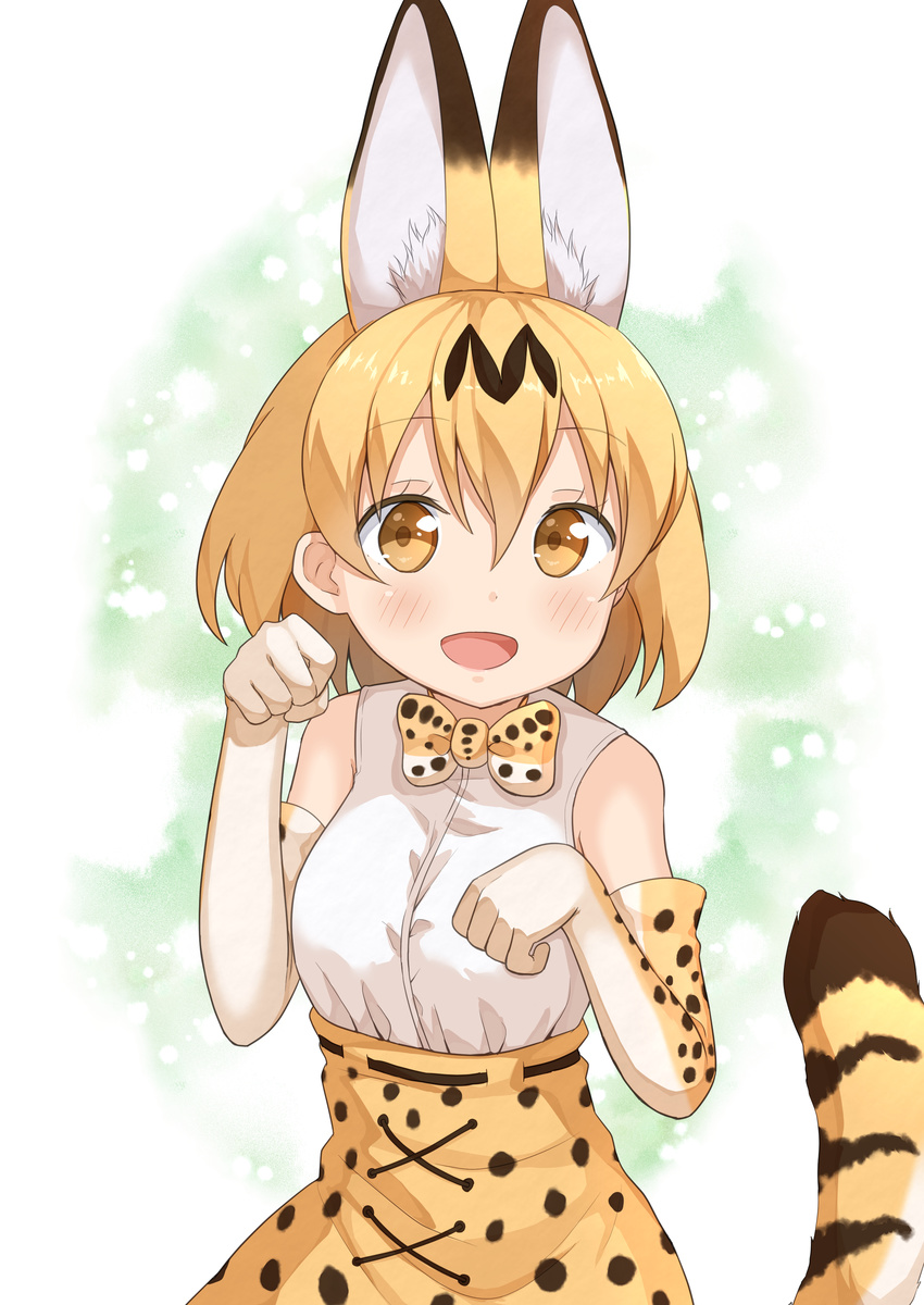 absurdres animal_ears blonde_hair bow bowtie brown_eyes commentary_request elbow_gloves extra_ears female gloves highres kemono_friends looking_at_viewer miyabi_(miyabeeya) open_mouth orange_bow orange_bowtie paw_pose print_bow print_bowtie serval_(kemono_friends) serval_print short_hair solo striped_tail tail two-tone_bowtie white_bow white_bowtie