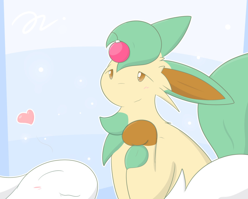 blush canid canine christmas_decorations christmas_ornament delta-eon duo eeveelution fasenso generation_4_pokemon heart_symbol hi_res leafeon mammal nintendo pokemon pokemon_(species) simple_background smile