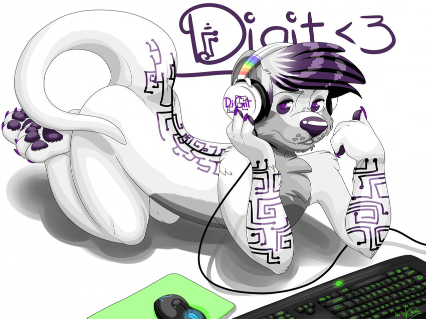 4:3 anthro big_feet canid canine digit_dragoon electronics feet fennec_fox fox headphones hybrid keyboard mammal mouse murid murine mustelid otter pose rodent signature simple_background solo true_fox white_background yellowstumps