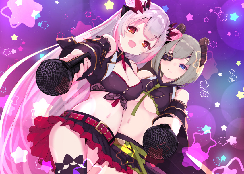 2girls :d absurdres amacha bare_shoulders belt belt_buckle black_jacket black_skirt black_sleeves blue_eyes blush breasts buckle cleavage closed_mouth commentary_request cone_hair_bun cropped_jacket curled_horns detached_sleeves eyepatch grey_hair hair_between_eyes hair_bun highres holding holding_microphone honey_strap horns jacket long_sleeves looking_at_viewer medium_breasts microphone midriff multiple_girls nanashi_inc. navel open_clothes open_jacket open_mouth red_belt red_eyes sekishiro_mico skirt sleeveless sleeveless_jacket smile star_(symbol) suou_patra underboob virtual_youtuber