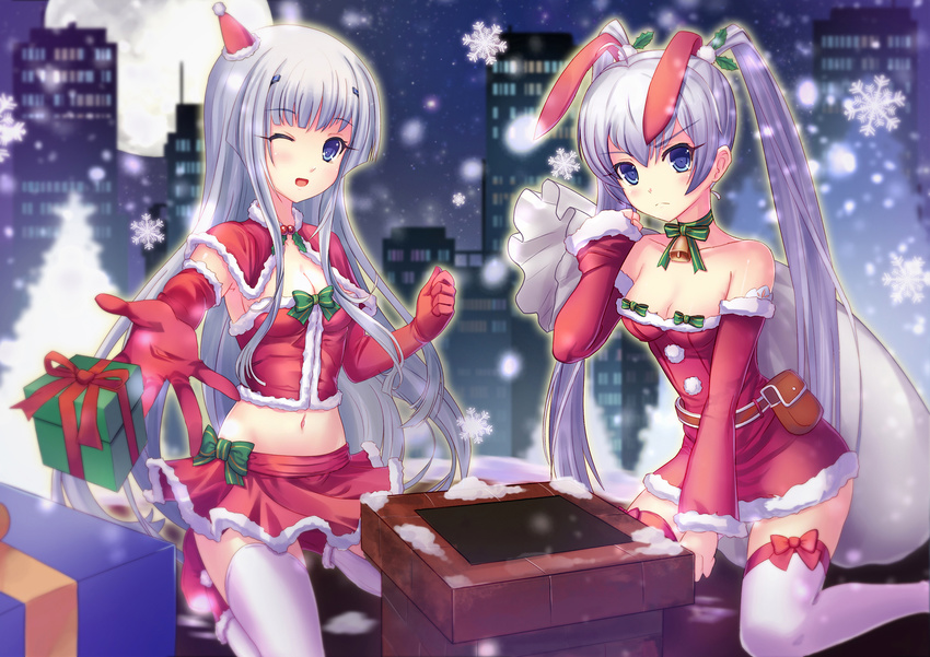 >:( 2girls ;d animal_ears blush boots box breasts capelet chimney cityscape cleavage commentary_request detached_sleeves elbow_gloves frown gift gift_box gloves highres inia_sestina kneeling ldfe_mk2 medium_breasts midriff miniskirt multiple_girls muv-luv muv-luv_alternative muv-luv_total_eclipse navel one_eye_closed open_mouth photoshop_(medium) purple_eyes purple_hair rabbit_ears sack santa_boots santa_costume skirt smile snowflakes thighhighs twintails v-shaped_eyebrows white_legwear yashiro_kasumi