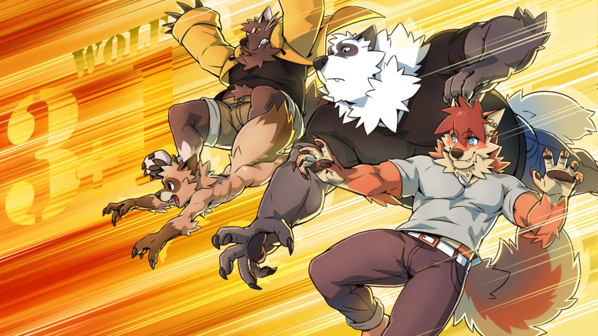 16:9 2018 abs anthro bear biceps bugbear canid canine clothed clothing fox fur giant_panda group hi_res jacketbear jacketbear_(character) kemono male mammal muscular procyonid raccoon simple_background unknown_character white_background widescreen