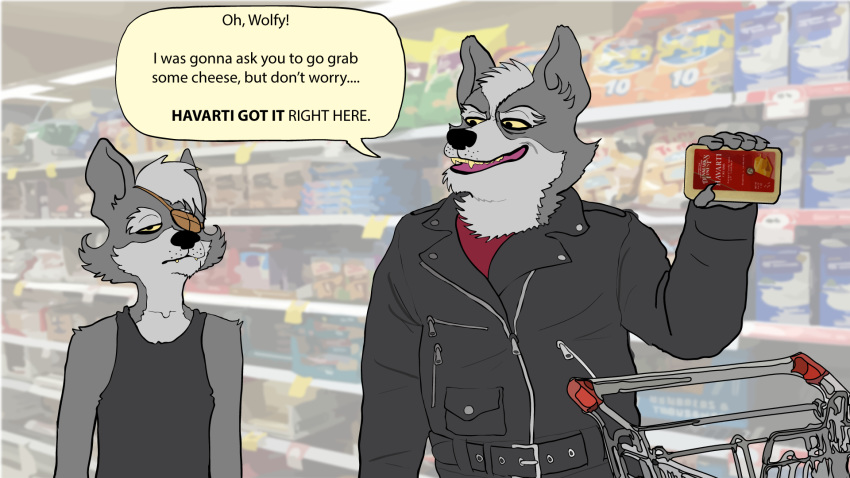 16:9 a_fox_in_space annoyed belt black_nose cael_o'donnell canid canine canis cheese clothing dad_joke dairy_products duo english_text eye_patch eyewear fan_character father_(lore) father_and_child_(lore) father_and_son_(lore) food fredryk_phox fur grey_body grey_fur hi_res holding_food holding_object humor jacket male mammal nintendo open_mouth parent_(lore) parent_and_child_(lore) parent_and_son_(lore) photo_background photography_(artwork) pun red_clothing red_shirt red_topwear shirt shopping_cart son_(lore) speech_bubble star_fox store tank_top text topwear widescreen wolf wolf_o'donnell yellow_eyes young