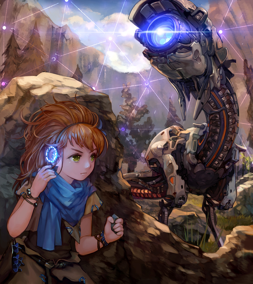 aged_down aloy_(horizon) bracelet commentary earpiece female focus_(horizon) glowing grass green_eyes hairband hiding highres hologram holographic_interface horizon_(video_game) horizon_zero_dawn jewelry lf_(paro) mixed-language_commentary nature photoshop_(medium) robot rock scarf serious tree watcher_(horizon)