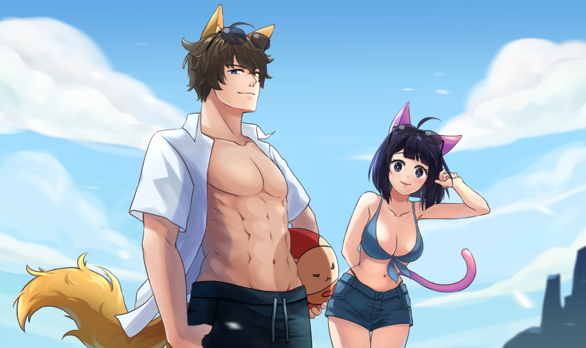 1boy abs absurdres animal_ears ball beachball bikini black_eyes black_hair black_male_swimwear blue_bikini blue_shorts breasts brown_hair cat_ears cat_tail closed_mouth eyewear_on_head female fox_ears fox_tail highres holding holding_ball holding_beachball kirene88 male_swimwear medium_breasts muscular muscular_male navel open_clothes open_shirt original shirt shorts smile stomach sunglasses swimsuit tail white_shirt