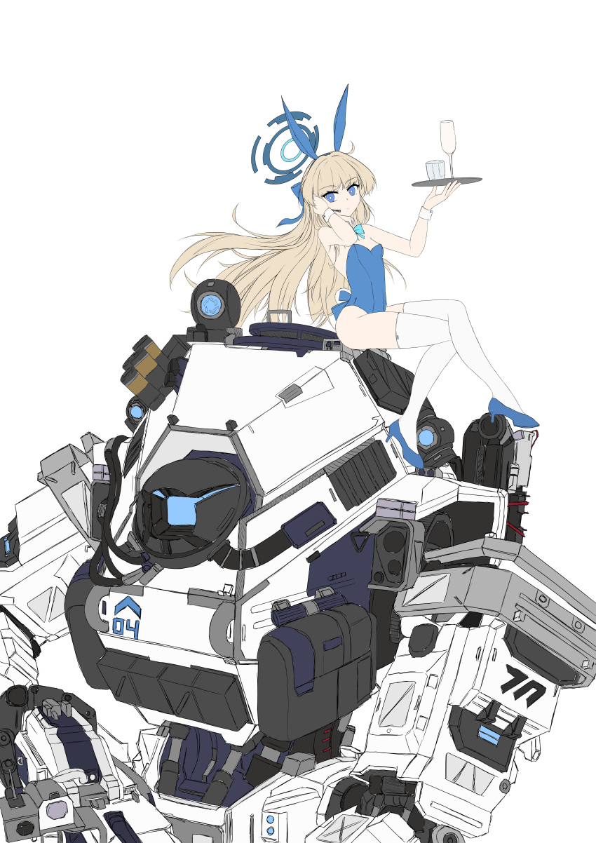 absurdres animal_ears blue_archive blue_bow blue_eyes blue_footwear blue_leotard bow commentary crossover cup earpiece english_commentary female floating_hair gun hairbow halo hand_in_own_hair high_heels highres holding holding_gun holding_tray holding_weapon ion_(titanfall_2) leotard long_hair looking_at_viewer looking_to_the_side mecha on_mecha one-eyed rabbit_ears robot science_fiction sitting thighhighs titanfall_(series) titanfall_2 toki_(blue_archive) toki_(bunny)_(blue_archive) tray very_long_hair weapon white_thighhighs wrist_cuffs zarl_m._kris