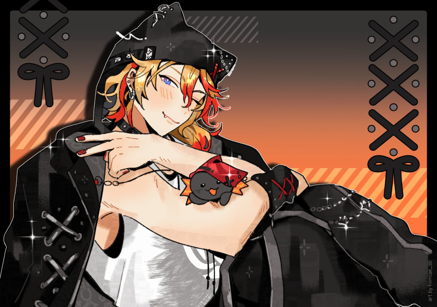 1boy animal_hat axel_syrios axel_syrios_(2nd_costume) axelotl_(axel_syrios) axolotl bishounen black_border black_choker blonde_hair blue_eyes blush border choker commentary crossed_arms earrings english_commentary hat highres hiimtae_sb holostars holostars_english jacket jacket_on_shoulders jewelry knees_up looking_at_viewer male_focus multicolored_hair nail_polish oerba_yun_fang one_eye_closed open_clothes open_jacket outline red_hair red_nails short_hair sitting smile solo two-tone_hair v virtual_youtuber white_outline