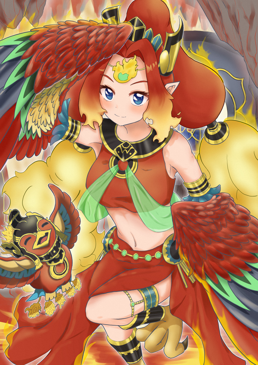 absurdres animal animal_feet bare_shoulders bird blue_eyes blush breasts commentary_request crop_top duel_monster feathers female fire fire_king_avatar_princess gt_majoyan hair_intakes harpy headdress high_ponytail highres legendary_fire_king_ponix long_hair looking_at_viewer medium_breasts midriff monster_girl multicolored_wings navel parted_bangs pointy_ears red_feathers red_hair red_skirt side_slit sidelocks skirt smile solo talons thighlet tiara wings yu-gi-oh!