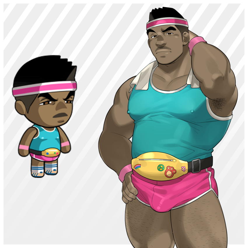 1boy absurdres aqua_tank_top armpit_hair armpits bara belly bulge buzz_(ero_condo) chibi covered_nipples cowboy_shot dark-skinned_male dark_skin dolphin_shorts ero_condo facial_hair headband highres kienbiu large_pectorals light-skinned_palms male_focus muscular muscular_male mustache_stubble navel official_alternate_costume paid_reward_available pectorals plump short_hair shorts simple_background solo standing stubble thick_thighs thighs thighs_together undercut very_dark_skin waist_bag