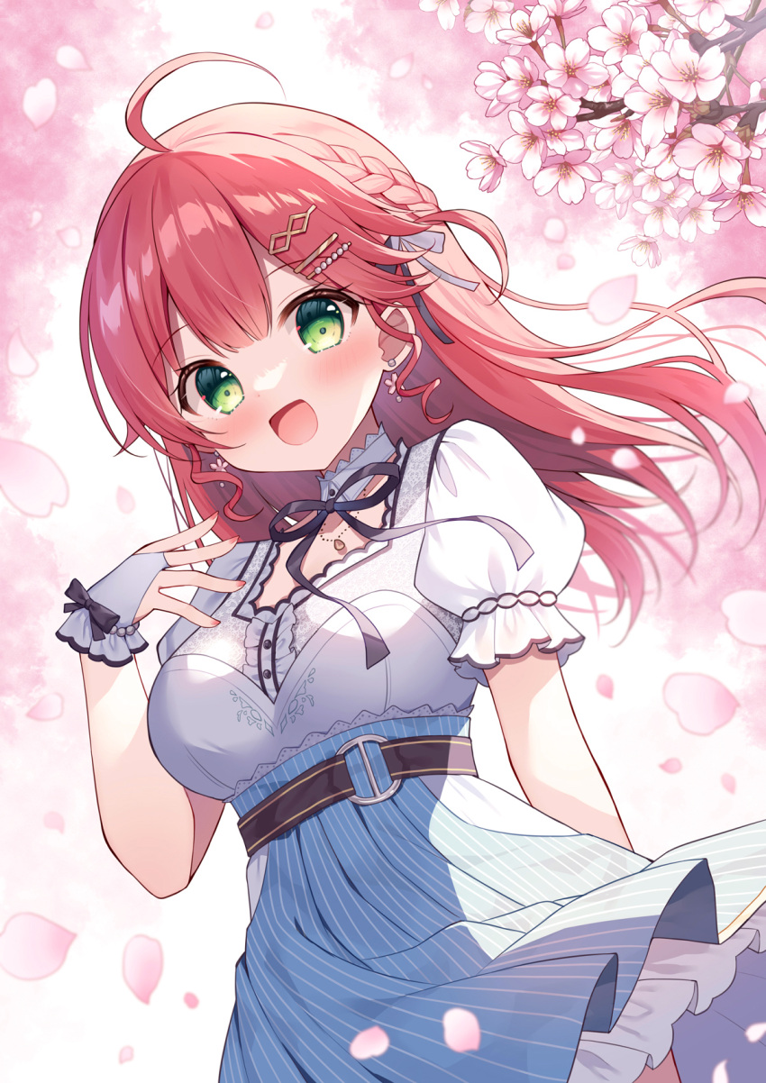 :d ahoge belt black_belt black_ribbon blue_sky blush braid branch breasts bridal_gauntlets commentary earrings female flower flower_earrings green_eyes hair_between_eyes hand_up high-waist_skirt highres hololive jewelry long_hair looking_at_viewer mauve medium_breasts neck_ribbon official_alternate_costume pink_flower pleated_skirt puffy_short_sleeves puffy_sleeves red_hair ribbon sakura_miko sakura_miko_(street) shirt short_sleeves skirt sky smile solo striped_clothes striped_skirt vertical-striped_clothes vertical-striped_skirt virtual_youtuber white_shirt