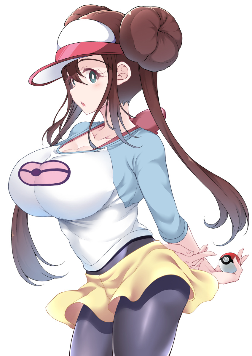 alternate_breast_size blue_eyes breasts brown_hair cleavage double_bun female fukunaga_yukito hair_bun highres holding holding_poke_ball large_breasts open_mouth pantyhose poke_ball poke_ball_(basic) pokemon pokemon_bw2 rosa_(pokemon) shorts simple_background solo sparkle twintails white_background yellow_shorts