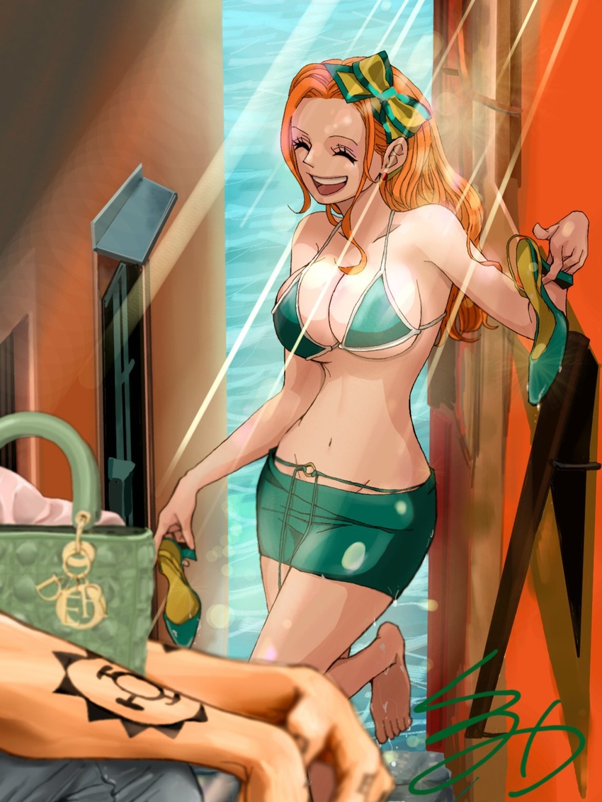 1boy ^_^ arm_tattoo bag bikini bikini_top_only bow breasts closed_eyes commentary_request denim earrings female hairbow highres holding holding_shoes jeans jewelry kuromitsu_(erup8438) long_hair miniskirt nami_(one_piece) no_tattoo ocean one_piece orange_hair pants shoes sidelocks skirt swimsuit tattoo teeth trafalgar_law underboob upper_teeth_only