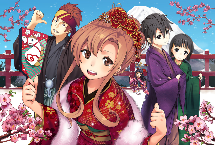 2boys 2girls age_difference asuna_(sao) black_eyes black_hair branch brown_eyes brown_hair cherry_blossoms commentary_request fairy family floating hagoita japanese_clothes kamome_yuu kimono kirigaya_suguha kirito klein_(sao) lolicon long_hair mini_person minigirl mount_fuji multiple_boys multiple_girls paddle short_hair size_difference sword_art_online volcano yui_(sao) yui_(sao-alo)