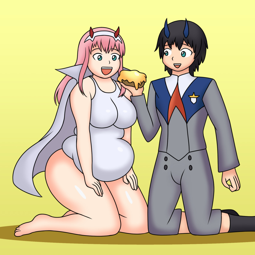 1boy barefoot black_hair blue_eyes blue_horns breasts coat couple darling_in_the_franxx eyebrows_visible_through_hair fat_folds female food fringe green_eyes hair_ornament hairband hands_on_own_legs hiro_(darling_in_the_franxx) holding_food horns kneeling large_breasts long_hair long_sleeves looking_at_another lordstormcaller military military_uniform necktie oni_horns open_coat open_mouth pink_hair plump red_horns red_neckwear short_hair socks straight straight_hair swimsuit thighs uniform white_coat white_hairband zero_two_(darling_in_the_franxx)