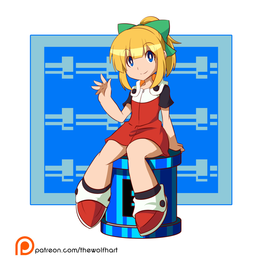 arm_support blonde_hair blunt_bangs bow commentary_request dress energy_tank female full_body green_bow hair_ornament hairbow high_ponytail highres hooded_dress lolicon long_hair looking_at_viewer mega_man_(classic) mega_man_(series) mega_man_11 patreon_logo patreon_username ponytail red_dress red_footwear roll_(mega_man) shoes short_sleeves sidelocks sitting smile solo thewolfhart waving