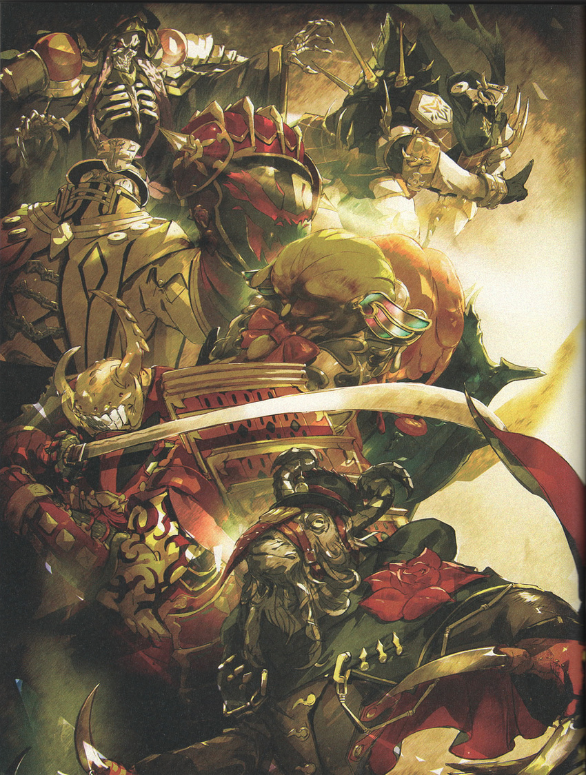 4boys ainz_ooal_gown armor beard belt bukubukuchagama cape demon gauntlets gloves goat hat hood horns katana mask multiple_boys multiple_girls ninja nishikienrai official_art overlord_(maruyama) red_eyes ribbon robe rose samurai shield skeleton slime so-bin spikes sword ulbert_alain_odle warrior_takemikazuchi weapon yamaiko yellow_eyes