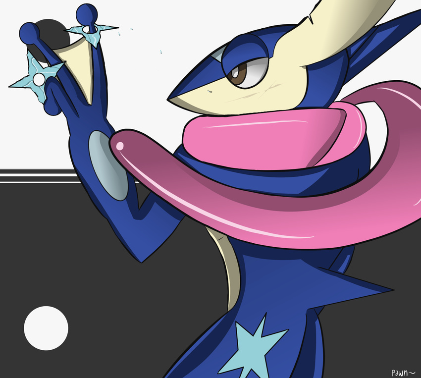 3_fingers ambiguous_gender amphibian anthro biped fingers generation_6_pokemon greninja long_tongue nintendo pawn pokemon pokemon_(species) pokemon_move ranged_weapon shuriken simple_background solo tongue water water_shuriken weapon yin_yang