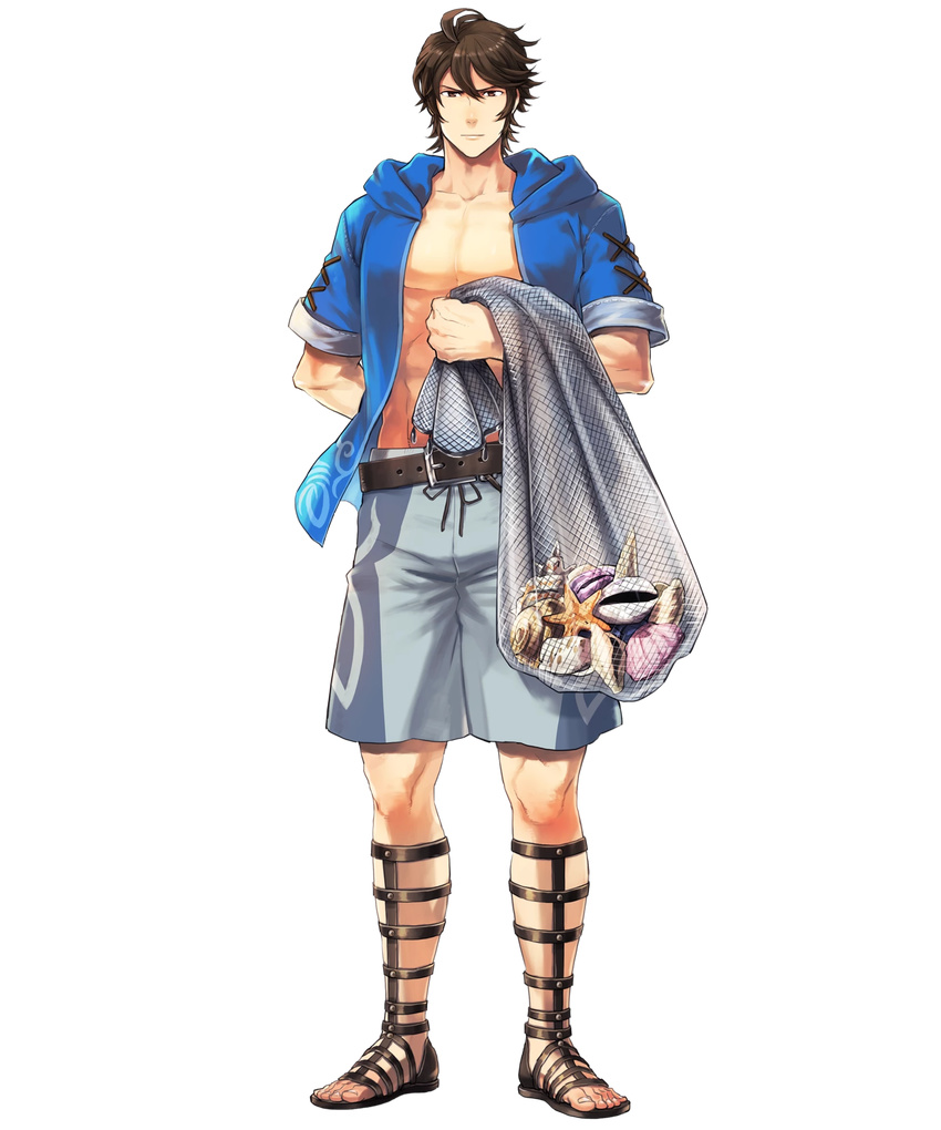 1boy arm_behind_back belt brown_eyes brown_hair commentary_request fire_emblem fire_emblem_awakening fire_emblem_heroes fishing_net frederick_(fire_emblem) frederick_(summer)_(fire_emblem) full_body highres hood hooded_jacket jacket male_focus male_swimwear official_art open_clothes open_jacket sandals shell short_sleeves sleeves_rolled_up solo starfish suekane_kumiko swim_trunks transparent_background