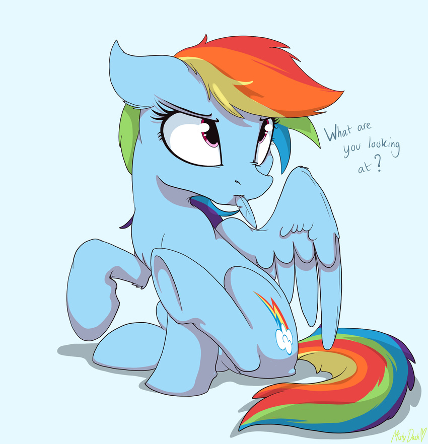 2015 absurd_res blue_body blue_feathers blue_fur cutie_mark english_text equid equine feathered_wings feathers female feral friendship_is_magic fur hair hasbro hi_res mammal mistydash multicolored_hair multicolored_tail my_little_pony mythological_creature mythological_equine mythology pegasus rainbow_dash_(mlp) rainbow_hair rainbow_tail solo tail text wings