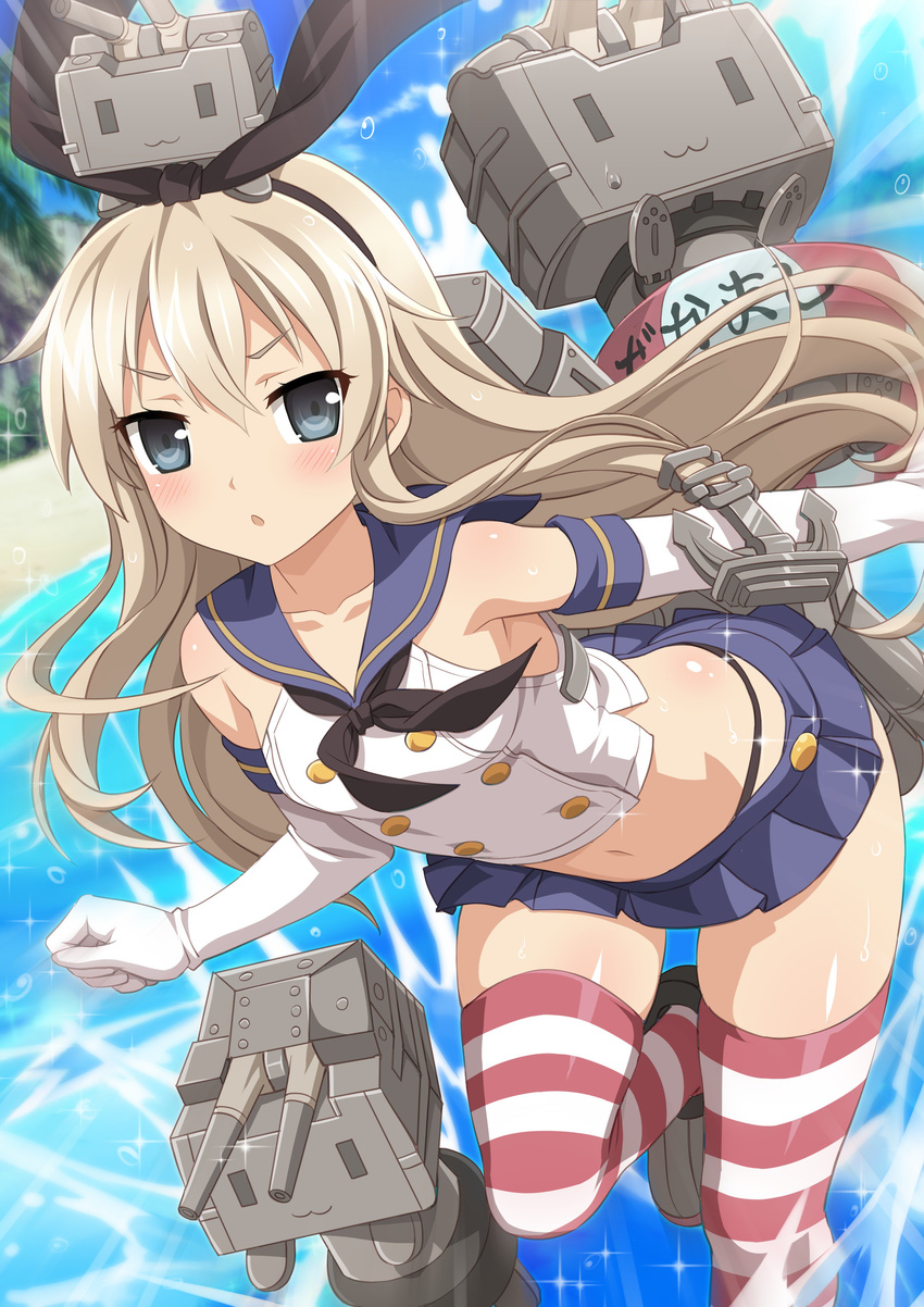 :3 absurdres anchor_hair_ornament beach bent_over black_ribbon blonde_hair blue_eyes blue_skirt blurry blush breasts chestnut_mouth clenched_hand closed_mouth collarbone commentary crop_top day depth_of_field dutch_angle elbow_gloves female gloves hair_between_eyes hair_ornament hair_ribbon highres kantai_collection leg_up long_hair looking_at_viewer microskirt navel neckerchief open_mouth outdoors outstretched_arm pleated_skirt rensouhou-chan ribbon sailor_collar shimakaze_(kancolle) shirt shoes skirt sleeveless sleeveless_shirt small_breasts sparkle standing standing_on_one_leg striped_clothes striped_thighhighs sunlight thighhighs very_long_hair wanaca water water_drop white_gloves white_shirt