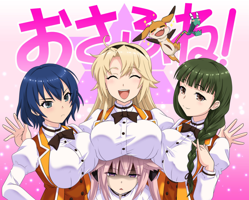 4girls :d annoyed black_bow black_hairband blonde_hair blue_eyes blue_hair blunt_bangs bow breast_envy breast_press breast_rest breasts breasts_on_head brown_eyes closed_eyes closed_mouth commentary_request green_hair hair_flaps hairband highres kohagura_ellen large_breasts long_hair long_sleeves looking_at_viewer mashiko_kaoru multiple_girls nene_(toji_no_miko) oerba_yun_fang ogawa_satomi open_mouth orange_vest osafune_girls_academy_school_uniform pink_hair puffy_long_sleeves puffy_sleeves purple_eyes school_uniform serious short_hair smile sparkle toji_no_miko triangle_mouth twintails umajiri_gyuunyuu upper_body vest yonemura_takako