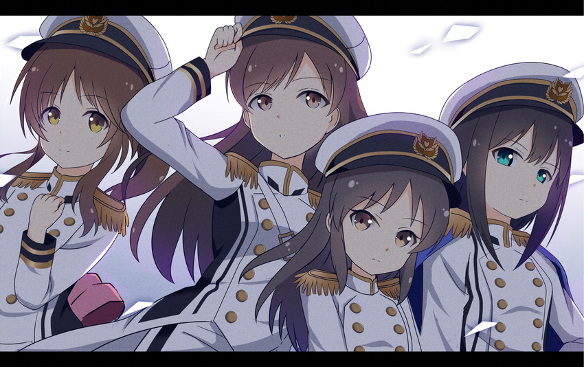 4girls bad_id bad_pixiv_id brown_eyes brown_hair epaulettes green_eyes hat hat_tip highres idolmaster idolmaster_cinderella_girls idolmaster_cinderella_girls_starlight_stage kochiya_hizuki long_hair military military_hat military_uniform multiple_girls naval_uniform nitta_minami peaked_cap ponytail seizon_honnou_valkyria_(idolmaster) shibuya_rin smile tachibana_arisu takamori_aiko uniform