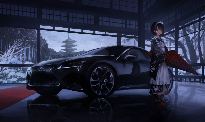 apron black_hair black_legwear blunt_bangs car carpet commentary_request female forest grey_eyes high_heels highres japanese_clothes kimono koh_(minagi_kou) lexus lexus_lc looking_at_viewer maid maid_apron maid_headdress motor_vehicle nature oil-paper_umbrella original pagoda red_footwear reflection scenery short_hair snow snowing sports_car umbrella vehicle_focus wa_maid