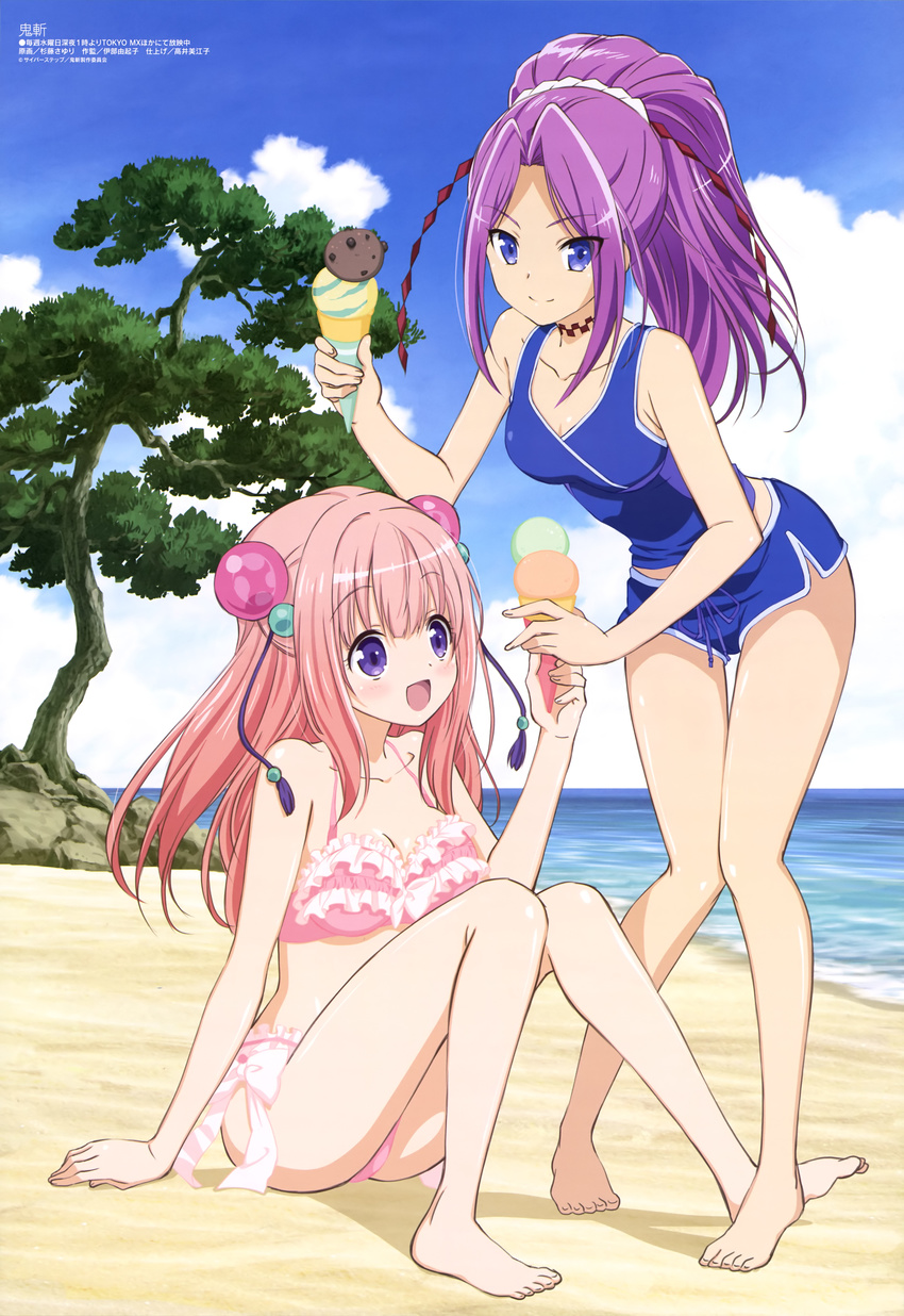 2girls :d absurdres arm_support barefoot beach bikini blue_eyes blush bow bow_bikini breasts cleavage closed_mouth cloud day double_scoop drawstring eyebrows eyes_visible_through_hair feet food frilled_bikini frills full_body hair_ornament hair_ribbon hair_tie hand_up high_ponytail highres holding ice_cream ice_cream_cone knees_together_feet_apart knees_up leaning_forward legs long_hair looking_at_viewer magazine_scan medium_breasts megami_magazine midriff_peek multiple_girls non-web_source ocean official_art on_ground onigiri_(mmorpg) open_mouth outdoors pink_bikini pink_hair ponytail purple_eyes purple_hair ribbon rock scan shiny_skin shizuka_(onigiri) short_shorts shorts side_slit sideboob sidelocks sky smile sugitou_sayuri swimsuit tank_top tassel tattoo thigh_gap tiptoes tree water yoshitune_(onigiri)