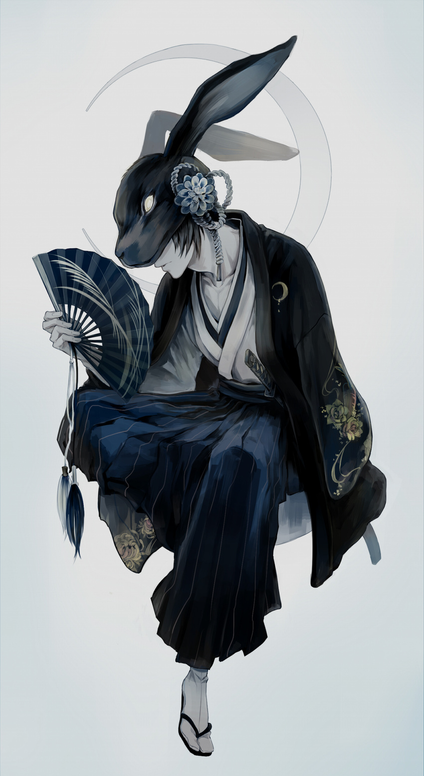 1boy animal_ears asarai bad_id bad_pixiv_id black_hair blue_flower chrysanthemum chrysanthemum_print collarbone commentary crescent fake_animal_ears floral_print flower folding_fan full_body gradient_hair grey_background hair_flower hair_ornament hakama hakama_skirt hand_fan haori highres holding holding_fan japanese_clothes katana male_focus mask multicolored_hair original parted_lips rabbit_ears rabbit_mask rope rose_print sandals simple_background sitting skirt socks solo sword tabi tassel weapon white_socks zouri