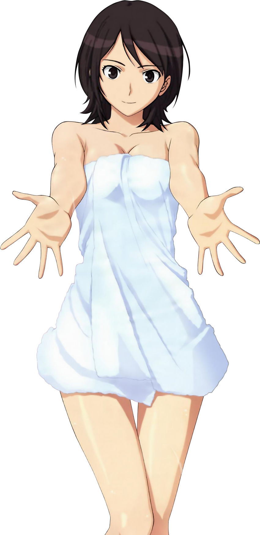 absurdres amagami artist_request black_eyes black_hair breasts check_artist cleavage extraction female highres looking_at_viewer medium_breasts mg_renders naked_towel short_hair smile solo takahashi_maya towel transparent_background