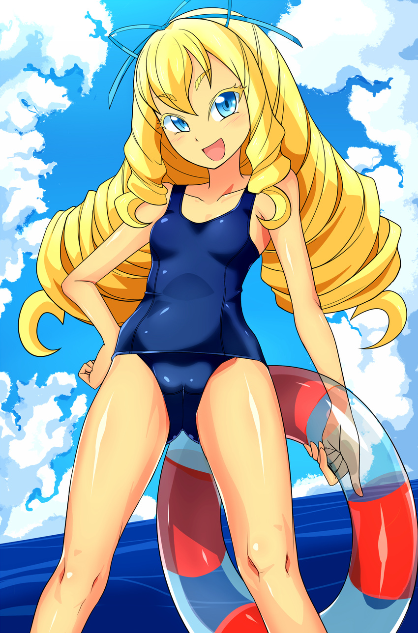 :d ass_visible_through_thighs blonde_hair breasts colored_eyelashes commentary_request drill_hair female fukuouji_laura hand_on_own_hip highres innertube jewelpet_(series) jewelpet_magical_change long_hair looking_at_viewer old_school_swimsuit one-piece_swimsuit open_mouth school_swimsuit small_breasts smile solo swim_ring swimsuit water zasshu_nigou