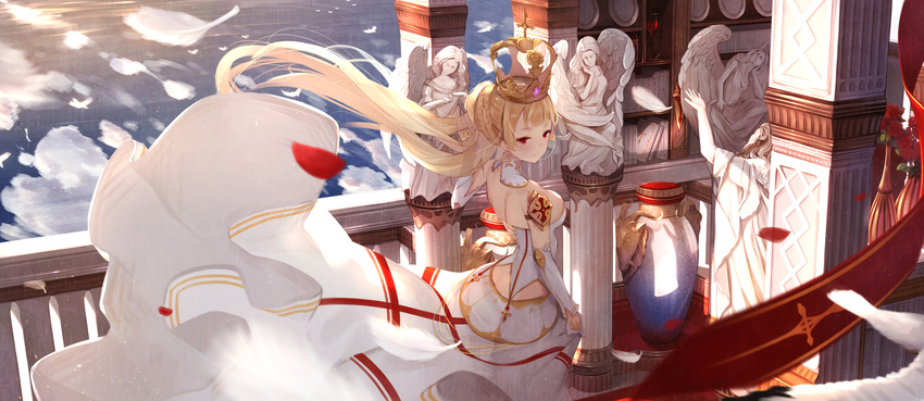 absurdres angel_statue backless_dress backless_outfit bad_id bad_pixiv_id bare_shoulders blonde_hair breasts butt_crack column commentary_request crown detached_sleeves dress feathers female highres large_breasts light_smile long_hair original pillar red_eyes skirt skirt_hold solo toriumi_harumi vase wind wind_lift