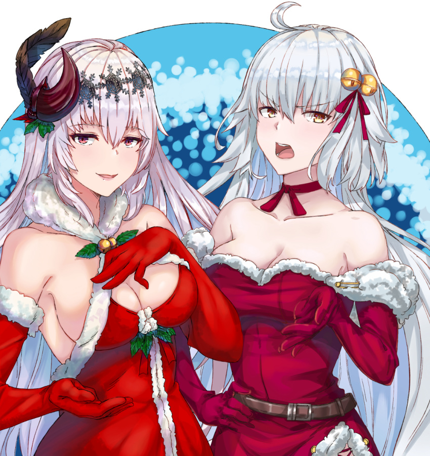 2girls alternate_costume bare_shoulders bell blue_background bow breasts bubble christmas cleavage commentary_request cowboy_shot dark_jeanne elbow_gloves fate/grand_order fate_(series) feathers fur_collar fur_trim gloves granblue_fantasy hair_ornament hairband highres jeanne_d'arc_(granblue_fantasy) jeanne_d'arc_alter_(avenger)_(fate) jeanne_d'arc_alter_(fate) jingle_bell kinoko_(shikimylove) large_breasts light_purple_hair long_hair looking_at_viewer multiple_girls open_mouth red_bow red_eyes red_ribbon ribbon santa_costume sideboob simple_background smile tsurime white_background white_hair yellow_eyes