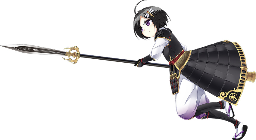 ahoge armor black_hair bug dragonfly female full_body gloves hair_ornament holding holding_weapon kanzaki_karuna odaki_(oshiro_project) official_art oshiro_project:re polearm purple_eyes short_hair solo spear transparent_background weapon