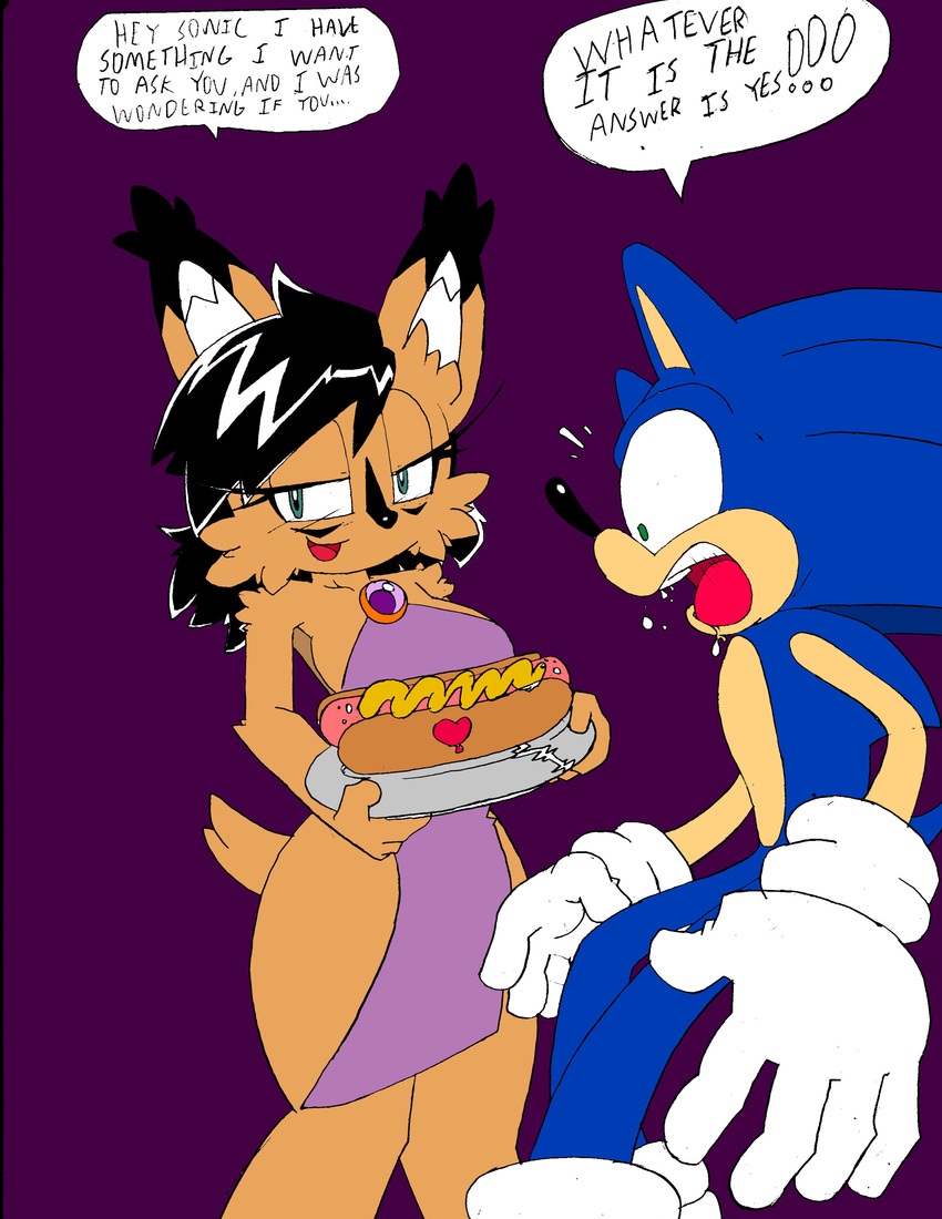 2015 absurd_res anthro archie_comics artificial_intelligence blue_body chili_dog dialogue digital_creature digital_media_(artwork) duo english_text eulipotyphlan felid feline female food heart_symbol hedgehog hi_res hot_dog lynx mammal nicole_the_lynx purple_background sega simple_background sonic_the_hedgehog sonic_the_hedgehog_(archie) sonic_the_hedgehog_(comics) sonic_the_hedgehog_(series) superbunnygt text