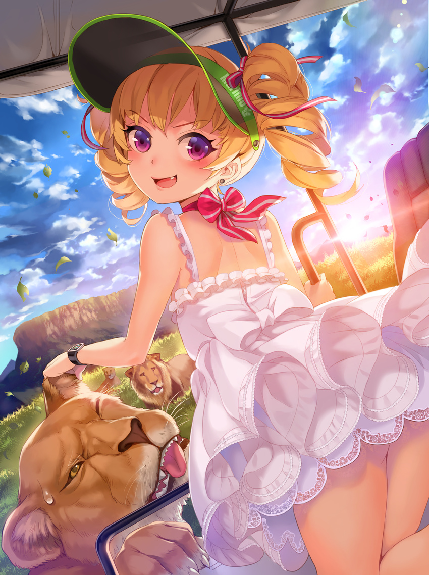 :d apple_watch banned_artist blonde_hair blue_sky cloud day dress drill_hair dutch_angle earrings from_behind furyou_michi_~gang_road~ grass highres jewelry leaf lion looking_back neck_ribbon oerba_yun_fang one_eye_closed open_mouth pink_eyes ribbon sky smile solo sundress sweatdrop tongue twin_drills v-shaped_eyebrows visor_cap watch white_dress wristwatch xil