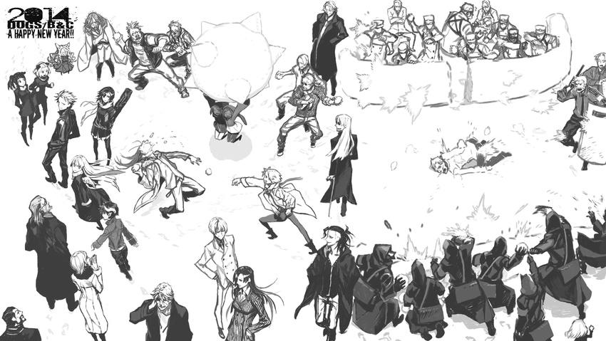 badou_nails commentary_request dogs:_bullets_&_carnage fuyumine_magato fuyumine_naoto giovanni_rammsteiner greyscale haine_rammsteiner highres kiri_(dogs) luki_(dogs) mihai_mihaeroff mimi_(dogs) miwa_shirow monochrome multiple_boys multiple_girls nill_(dogs) noki_(dogs) photoshop_(medium) snow snowball snowball_fight