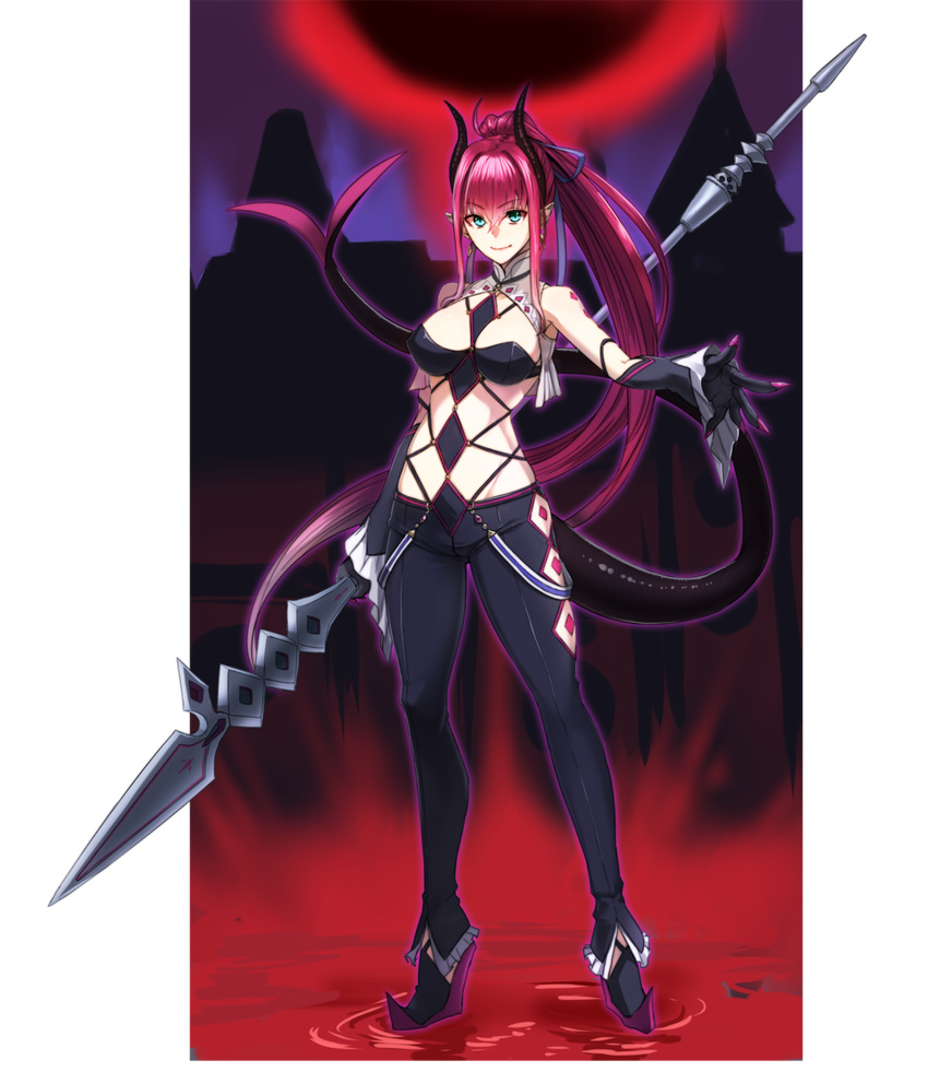 >:) aged_up alternate_hairstyle bare_shoulders black_gloves black_pants blood blue_eyes blue_ribbon breasts castle claws closed_mouth detached_sleeves dragon_tail elizabeth_bathory_(fate) elizabeth_bathory_(fate/extra_ccc) fate/extra fate/extra_ccc fate_(series) female full_body gloves groin hair_intakes hair_ribbon high_heels highres hinomoto_madoka holding holding_weapon horns large_breasts long_hair looking_at_viewer moon pants pink_hair pointy_ears polearm ponytail pool_of_blood red_moon revealing_clothes ribbon sarkany_csont_landzsa sidelocks smile solo spear standing standing_on_liquid tail transparent_background v-shaped_eyebrows very_long_hair weapon