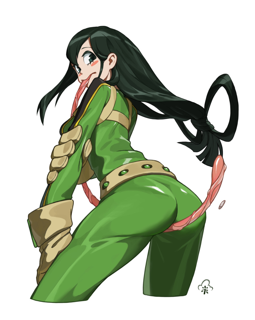 absurdres ass asui_tsuyu bad_id bad_pixiv_id between_legs blush_stickers bodysuit boku_no_hero_academia chen_zhang commentary_request female from_behind gloves green_bodysuit green_eyes green_hair hair_rings highres long_hair long_tongue looking_back low-tied_long_hair photoshop_(medium) simple_background solo superhero_costume tongue very_long_hair very_long_tongue white_background