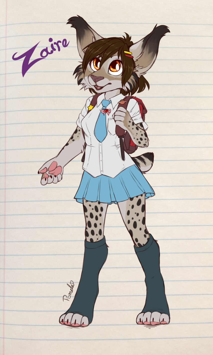 adolescent anthro bottomwear breasts clothed clothing costume felid feline female footwear hair hi_res legwear lynx mammal pomela_(artist) school_uniform short_hair short_tail skirt small_breasts socks solo tail uniform young young_anthro young_female zaire_(nightdancer)